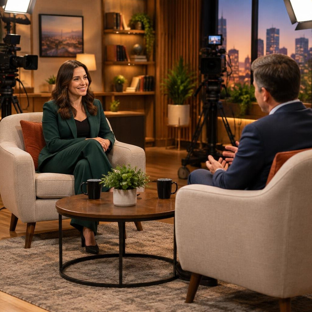 Television interview set with two chairs and cameras